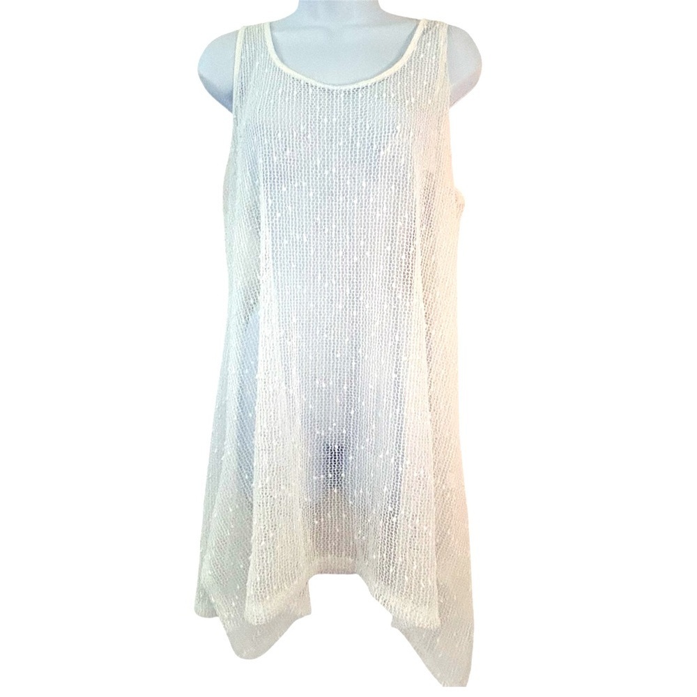 Cream Sheer Fish Net Knit Swim Cover Dress OS Sequins Beach Pool